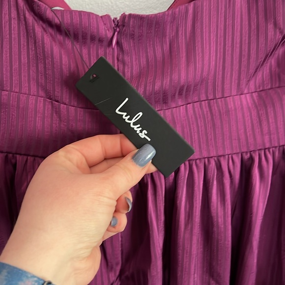 Lulu's Beaming with Bliss Purple Striped Faux-Wrap Midi Dress - Picture 3 of 6
